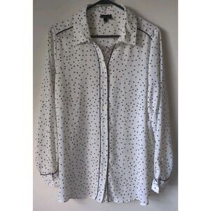 Who What Wear Women's XL Polka Dot‎ Button-Down Long Sleeve Blouse Black Piping